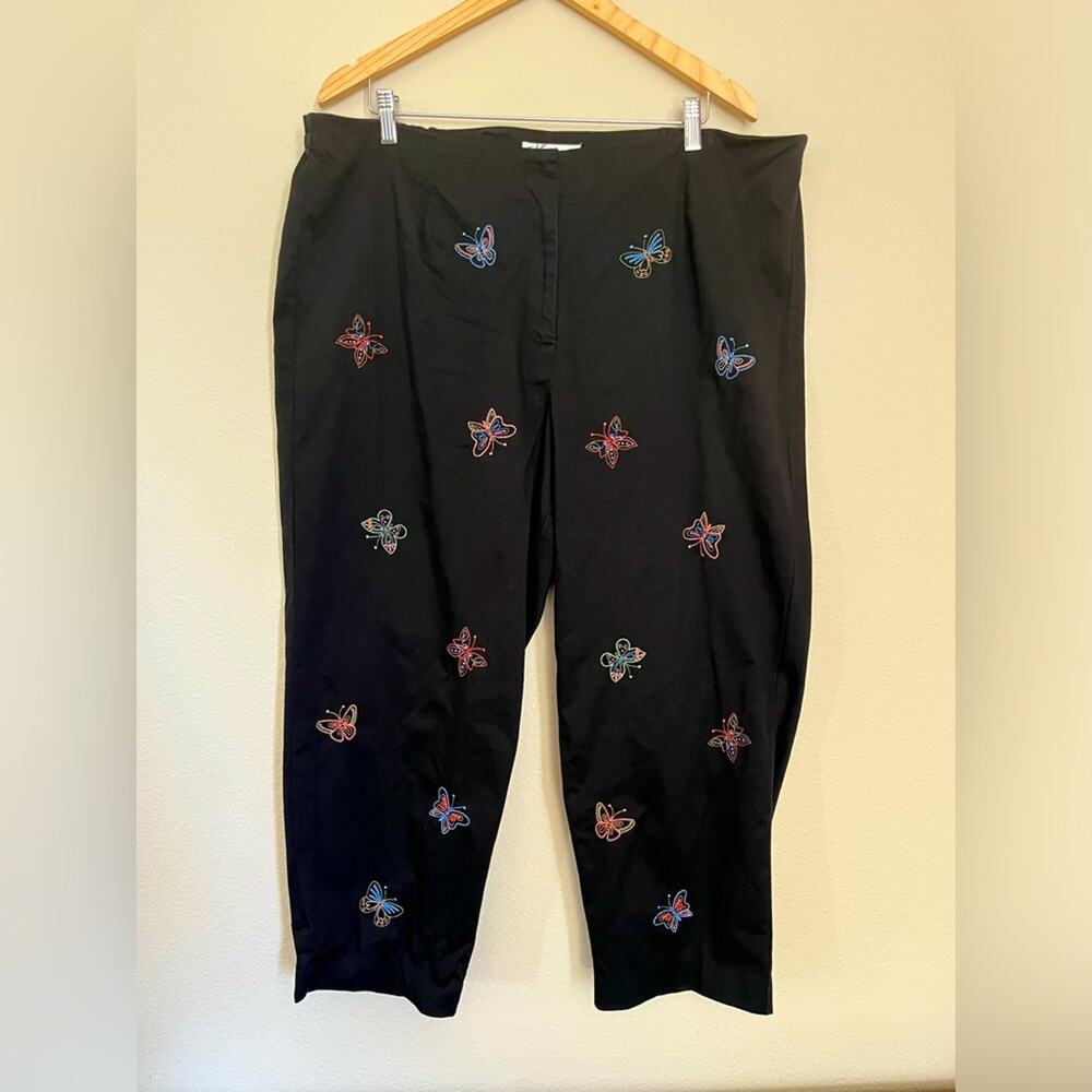Embroidered Butterfly Pants Black Cropped Novelty Print Women's Size 18